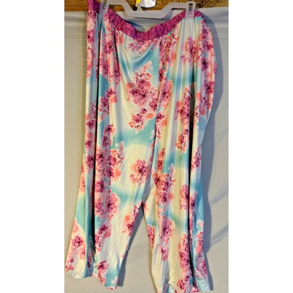 Silky Sleep Lounge Pants Womens Plus Size 3X Pajamas Blue Pink Floral Pretty - Picture 1 of 2